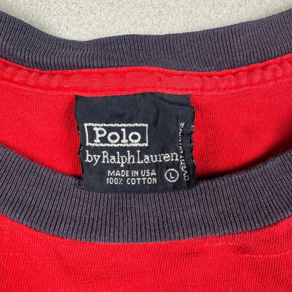 Polo Ralph Lauren Vintage Ringer T-Shirt Red Navy Blue Spellout 67 Mens Large - Picture 2 of 9